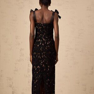 Black Floral Lace Maxi Dress with Bow Sleeves